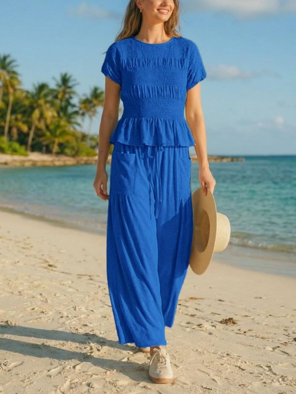 Womens 2 Piece Smocked Top Wide-Leg Pants Set High-Waisted Lounge Outfit with Po - Picture 3 of 6